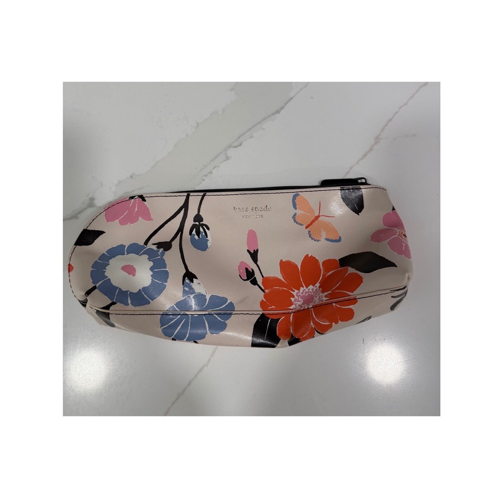 Kate Spade New York Floral Butterfly Cosmetic Pouch Cream Makeup Bag Travel Case